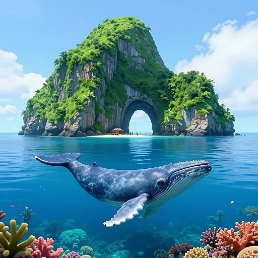 Photorealistic digital art of a blue whale swimming underwater in front of a lush, green island with a large archway, surrounded by vibrant coral reefs