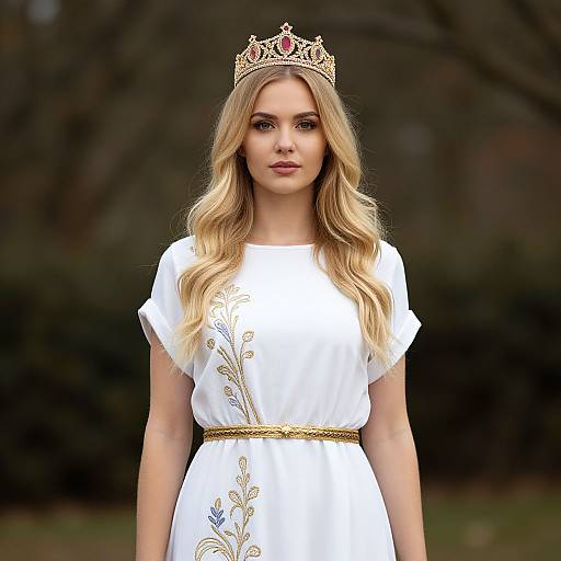 Blonde Woman in White Dress with Crown