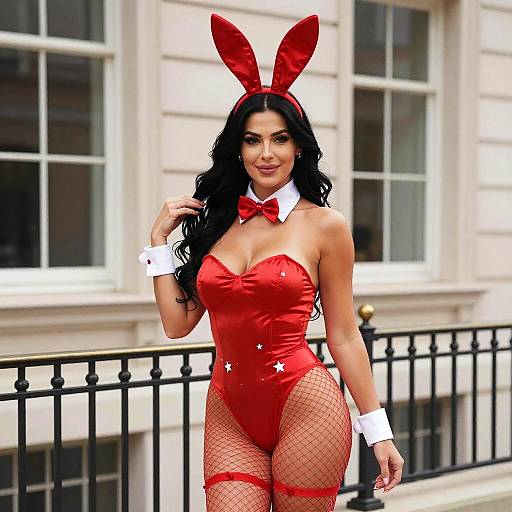 Confident Woman in Red Bunny Costume