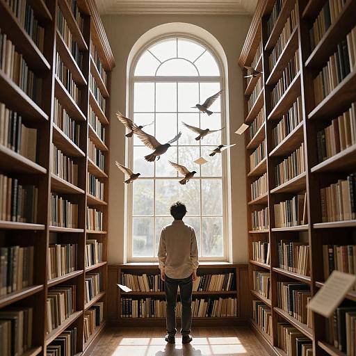 Photograph of a man in a white shirt and blue jeans, standing in a library aisle with tall wooden shelves, watching five flying pigeons near a