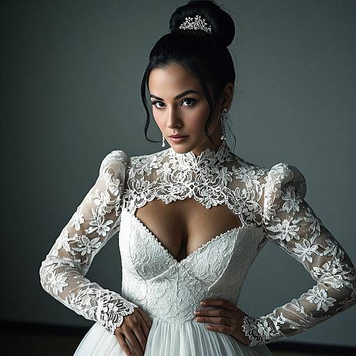 Elegant Woman in White Lace Wedding Dress