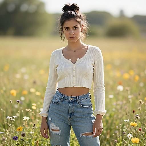 Young Woman in Sunlit Wildflower Meadow