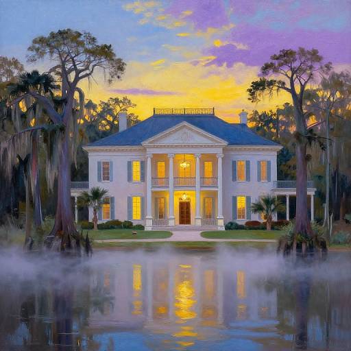 Photograph-style digital painting of a grand, white, neoclassical mansion at sunset, lit warmly, reflecting in a misty pond, surrounded