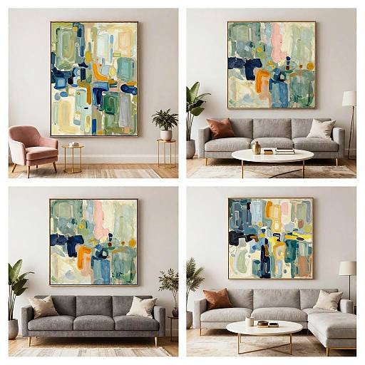 Photograph of a modern living room featuring a large abstract painting with blue, yellow, and orange hues, above a gray sofa. Four views show different