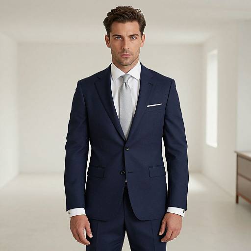 Photograph of a handsome, fair-skinned man with short brown hair, wearing a sharp navy suit, white shirt, and silver tie, standing in