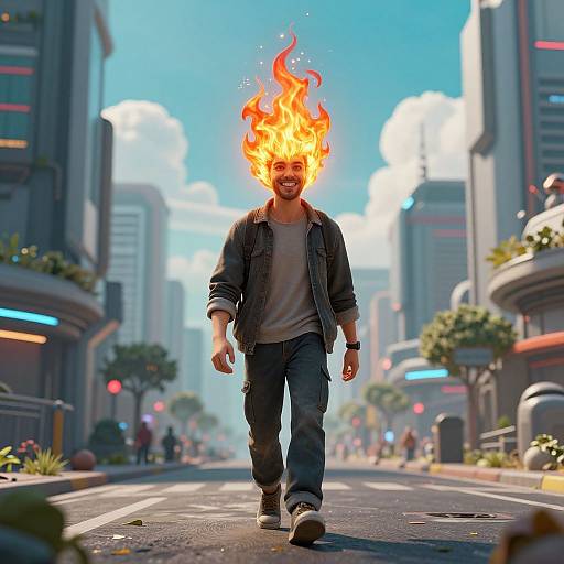 CGI image of a bearded man with a fiery head walking down a futuristic city street, wearing a denim jacket and jeans.