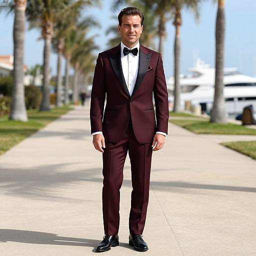 Confident Man in Burgundy Tuxedo