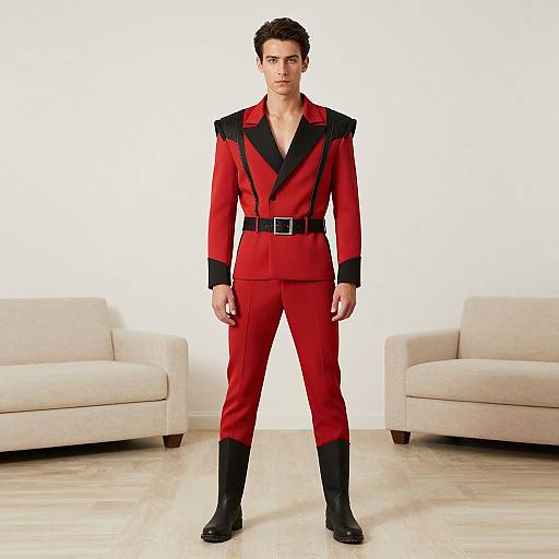 Photograph of a young man with short, dark hair, wearing a red military-style jacket and pants with black trim and belt, black boots, standing