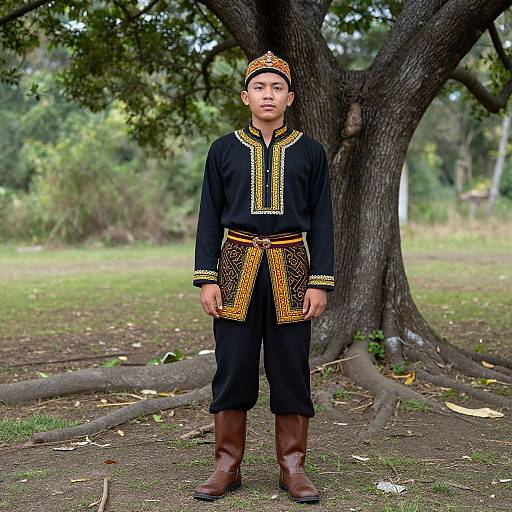 Photograph of a young Asian boy standing in a park, wearing traditional black attire with gold embroidery, brown boots, and a patterned headband,