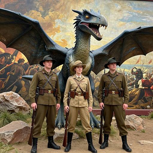 Photorealistic digital image: Three soldiers in brown uniforms and helmets stand in front of a large blue dragon with outstretched wings, amidst a battle