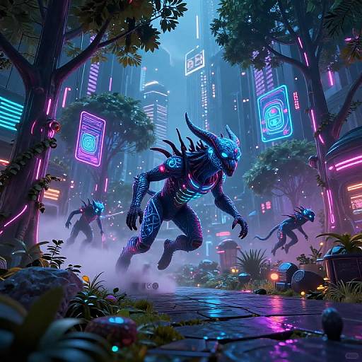 Cyberpunk Creatures in Neon Park