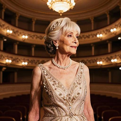 Photograph of an elegant elderly woman with short gray hair, wearing a sparkly, deep V-neck gown and pearl necklace, standing in a grand,