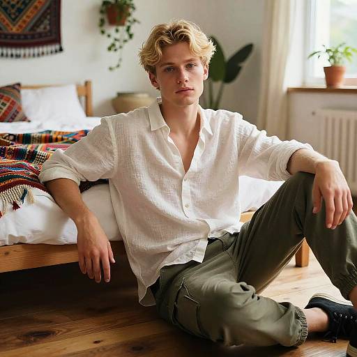 Photograph of a young, blonde, Caucasian man with blue eyes, wearing a white button-up shirt and green pants, sitting on a wooden floor beside