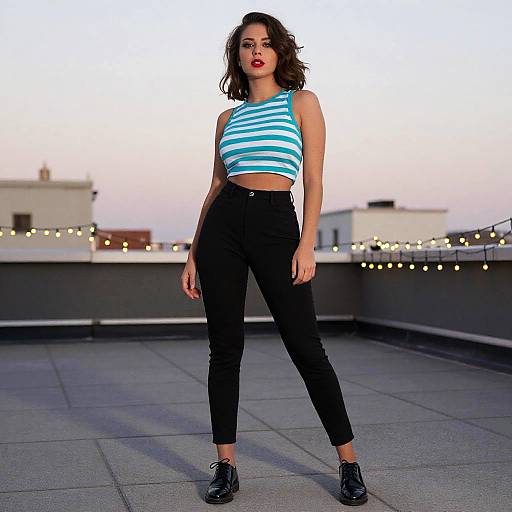 Photograph of a young woman with curly brown hair, wearing a blue and white striped crop top, black high-waisted pants, and black shoes
