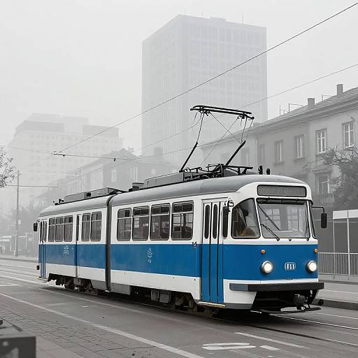 Misty Cityscape with Blue Tatra Tram