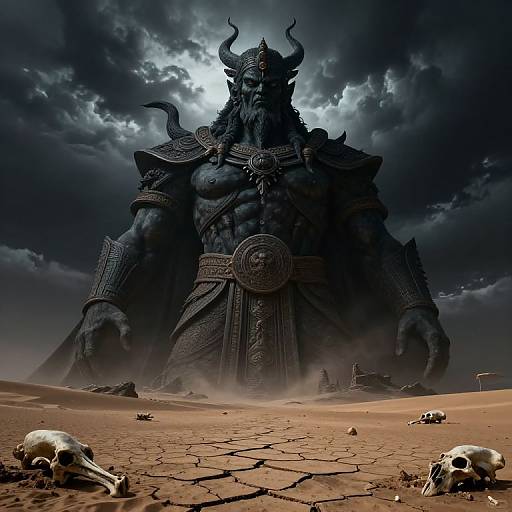 Digital artwork of a towering, dark-skinned, horned demon king with intricate armor, standing over a desolate, skull-strewn desert under
