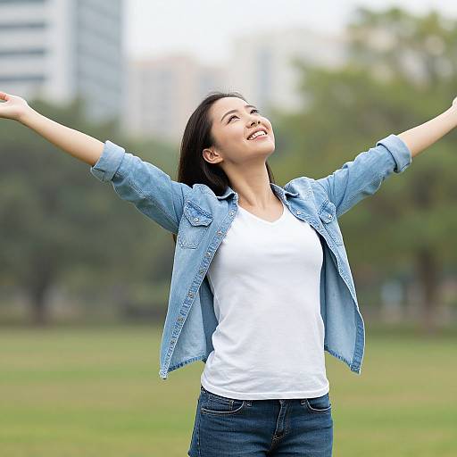 Photograph of a smiling Asian woman with long black hair, wearing a blue denim jacket and white shirt, arms raised, standing in a green park with