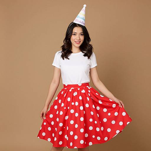 Photograph of a smiling woman with dark hair, wearing a white t-shirt, red polka dot skirt, white polka dot hat, and white