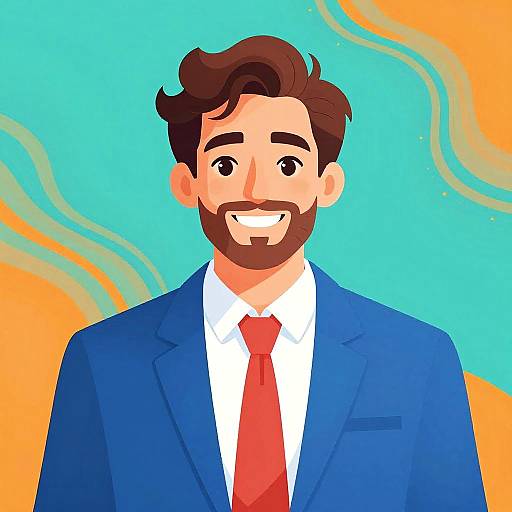 Digital illustration of a smiling, bearded man in a blue suit, red tie, and white shirt, set against a vibrant turquoise and orange abstract background