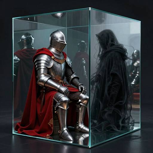 Photorealistic CGI: Medieval knight in shining silver armor and red cape, seated in a transparent cube, shadowy figure reflected beside him.