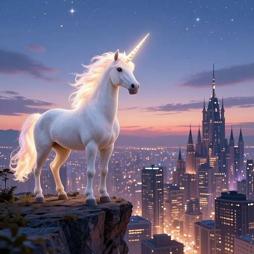 Digital art of a glowing white unicorn with a horn standing on a cliff at twilight, overlooking a cityscape with a illuminated, castle-like skyscraper in
