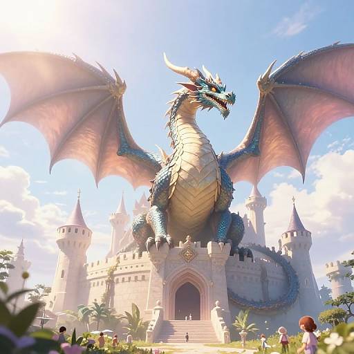 Digital artwork of a massive blue and silver dragon with pink-tinged wings standing atop a grand, sunlit castle with towers, surrounded by small people