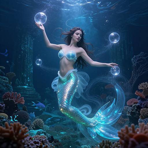 Photorealistic digital artwork of a shimmering blue mermaid with long brown hair, glowing bubbles, and a transparent tail, floating in a dark,