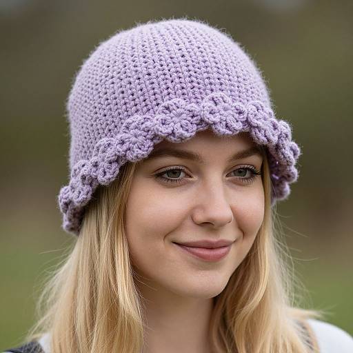 Photograph of a young blonde woman with fair skin wearing a light purple, crocheted bucket hat, smiling softly outdoors.
