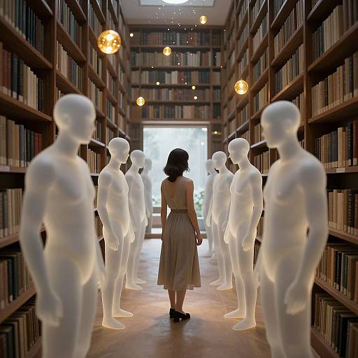 Photograph of a woman in a beige dress walking down a library aisle with illuminated white, faceless, glowing statues flanking her.