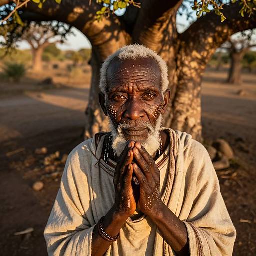 Photograph of a wrinkled, elderly African man with white beard, dark skin, and raised hands in prayer, standing under a large tree in a