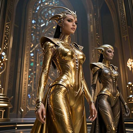 Digital art of two golden armored women with horned helmets in an ornate, gothic cathedral, showcasing intricate, reflective armor and regal poses.