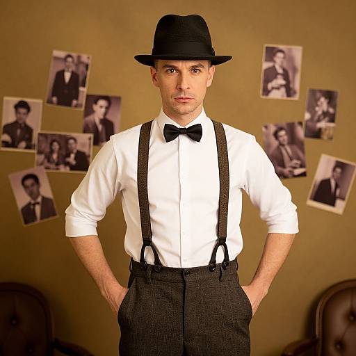 Photograph of a fair-skinned man with short hair, wearing a black fedora, white shirt, black bow tie, suspenders, and high
