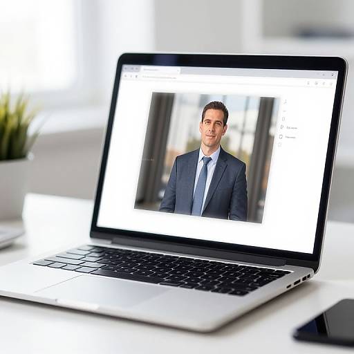 Photograph of a laptop displaying a professional man in a dark blue suit and tie, with a blurred office background.