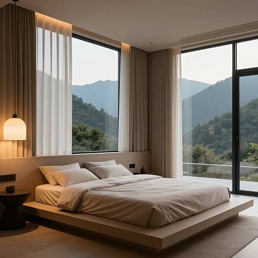 Modern bedroom photograph: Minimalist design with large windows, mountain view, beige curtains, white bedding, wooden floor, bedside lamp, and glass door.