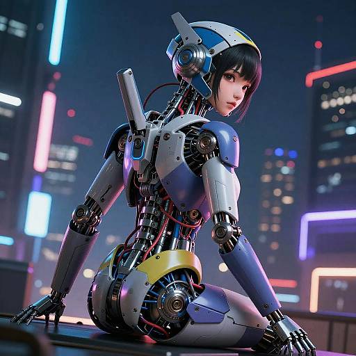 CGI image of a futuristic, cybernetic female robot with short black hair, blue and white armor, yellow waistband, and neon cityscape