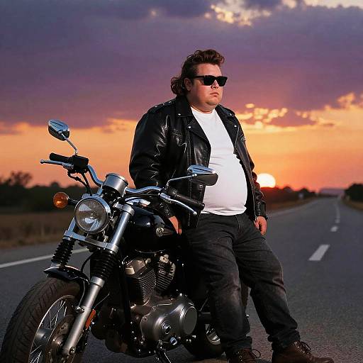 Photograph of a heavyset man with curly brown hair, black sunglasses, leather jacket, white shirt, and black pants, leaning against a chrome motorcycle
