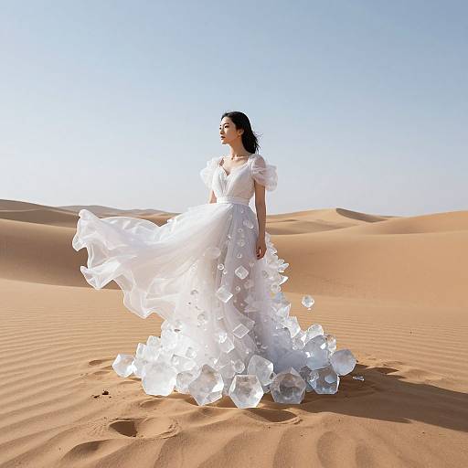 Photograph of a woman in a flowing white dress with ruffled layers, standing in a sunlit desert with golden sand dunes and clear blue sky