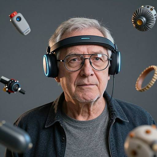 Photograph of an elderly white man with gray hair, wearing glasses, black headphones, and a gray shirt, surrounded by floating robotic devices against a dark