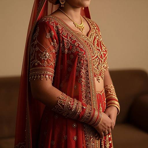 Photograph of a woman in a rich red traditional Indian bridal saree adorned with intricate gold embroidery, matching jewelry, and a red veil, standing against