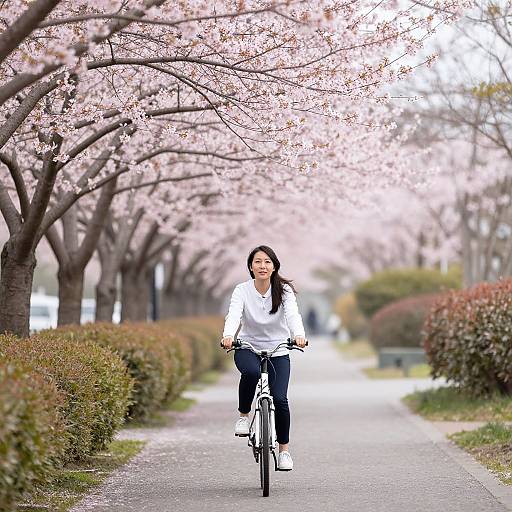 Asian woman with long black hair, white blouse, and black pants rides bicycle down pink cherry blossom-lined path, smiling. Photographic image.