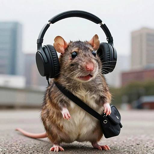 Photograph of a brown and white rat wearing black headphones and a shoulder strap, standing on a concrete surface with a blurred urban background.