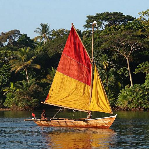Traditional Proa Canoe in Lush Lagoon