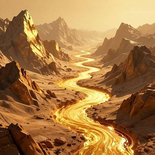 Digital art of a glowing, golden river winding through a rugged, mountainous, sunset-lit landscape with jagged peaks and sandy terrain.
