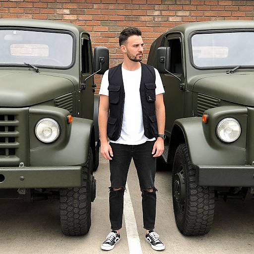 Casual Man with Vintage Military Trucks