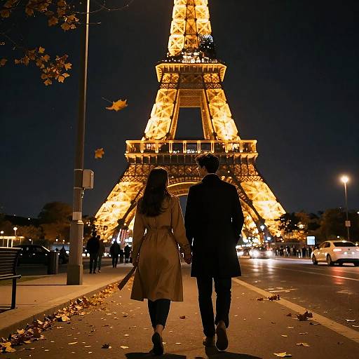 Nighttime photograph of a couple walking toward illuminated Eiffel Tower, autumn leaves on ground, dark sky, streetlights, and distant car lights.