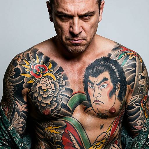 Photograph of a muscular, tattooed man with dark hair, intense expression, and intricate colorful tattoos of a stern-faced man and floral designs on his