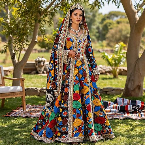 Photograph of a South Asian woman in vibrant, traditional embroidered wedding attire with colorful floral patterns, standing in a sunlit garden.