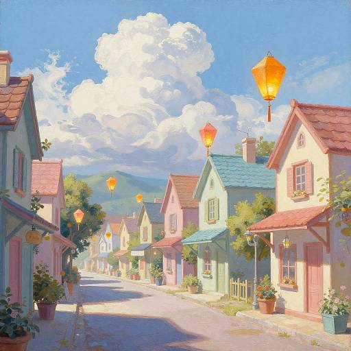Whimsical Village Street with Lanterns