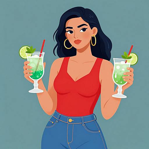 Digital illustration of a confident woman with dark blue hair, red tank top, and blue jeans, holding two colorful cocktails with lime slices and red straws