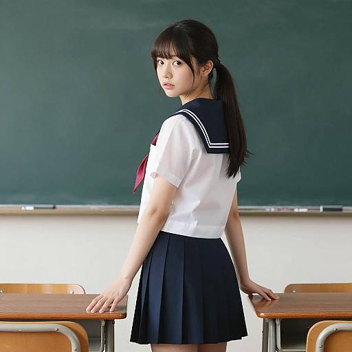 Asian Schoolgirl in Japanese Uniform in Classroom